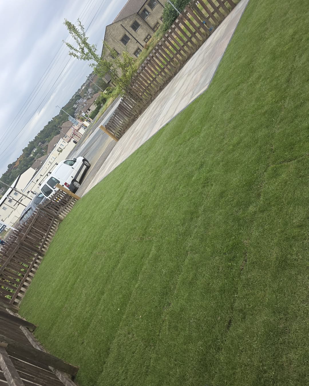 New lawn beside a paved garden area